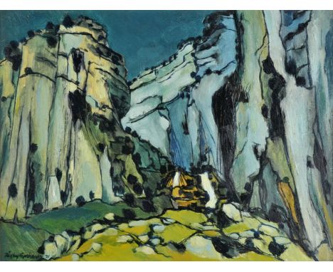 *@Graham (Rigby, 1931-2015). Gordale Scar, 1971,  oil on board, signed and dated lower left, 27 x 35.5 cm (10.5 x 14 ins), fr