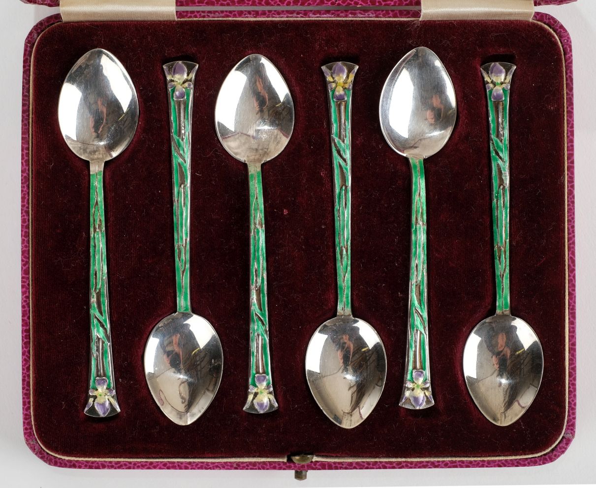 *Spoons. A set of six Art Deco silver coffee spoons by Alexander Clark