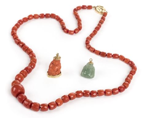 *Coral. Chinese jade Buddha pendant,  with yellow metal suspension loop and ring, 2.5cm high, together with another similar, 