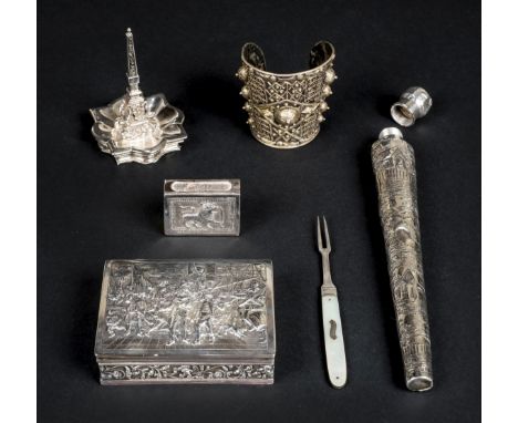 *Mixed Silver. Mixed silver, including a Victorian tapered spirit flask,  embossed with rural scenes, the screw cap engraved 