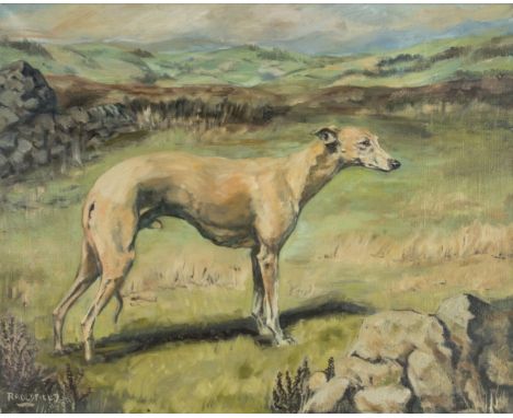 *Oldfield (R.A., 20th century). Christie in a Yorkshire Dales landscape, 1984, oil on canvas portrait of Robert Hardy's whipp