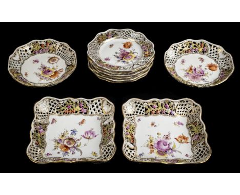 *Dresden. A late 19th century porcelain service,  comprising two square dishes, two circular dishes, six plates, all decorate