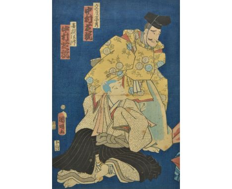 *Kunisada (Utagawa, 1786-1865). Two Kabuki actors,  one depicting a seated woman, the other two male figures, some light spot