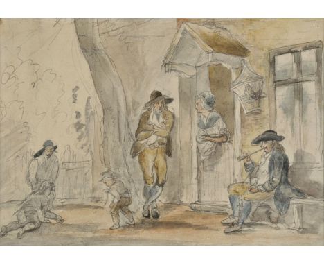 *Attributed to Francis Wheatley (1747-1801). Figures outside a house,  watercolour on paper, inscribed in pencil verso 'Rough