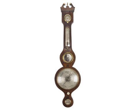 *Barometer. Victorian rosewood and mother of pearl wheel barometer by Fontana, High Wycombe,  with silvered dial, the case wi