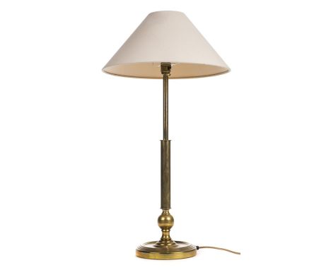 *Lamp. A modern brass desk lamp,  with green glass shade, 36cm high, together with a brass table lamp on a circular base, 74c