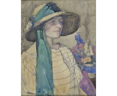 *Robinson (F., 20th century).  Young woman in a wide brimmed hat, with green scarf, seated, 1922,  watercolour with gouache o