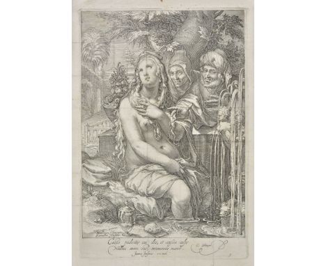 *Saenredam (Jan Pietersz., 1565-1607). Susanna and the Elders,  copper engraving on laid paper by Saenredam after Hendrick Go