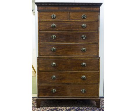 *Tallboy. George III mahogany tallboy,  the top with dentil moulding 2 short and 3 long drawers above 3 long drawers on brack
