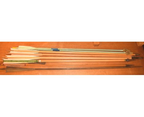 *Arrows. Collection of longbow target arrows, including some spare shafts,  plus a brass presentation arrow engraved 'Tim, a 