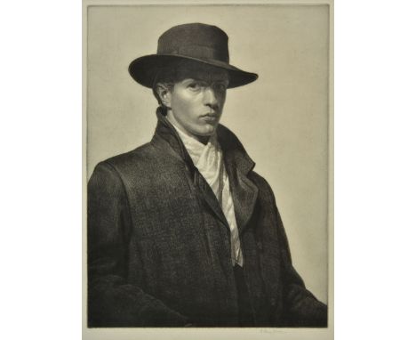 *Ray-Jones (Raymond, 1886-1942). Self-portrait wearing a hat, 1915-21,  etching on laid paper, watermarked F.J. Head & Co., s