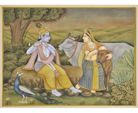 *Indian Miniatures. Krishna playing the flute to a maiden with cows and peacock,  20th century gouache miniature on pale brow
