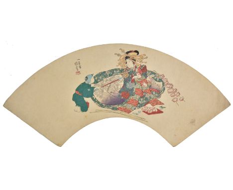 *Japanese fan prints.  A group of ten fan-shaped colour woodblock prints, circa 1840-60,  including designs by Ichiyusai Kuni