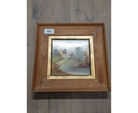 FRAMED CERAMIC TILE PAINTED CHURCH RUINS COUNTRY SCENE SIGNED INDISTINCTLY TO REVERSE