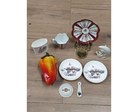 LOT OF MISC POTTERY AND GLASS RED PEPPER BRASS CABINET DISPLAY STAND ROYAL WORCESTER MATCH HOLDER AND COASTERS ETC