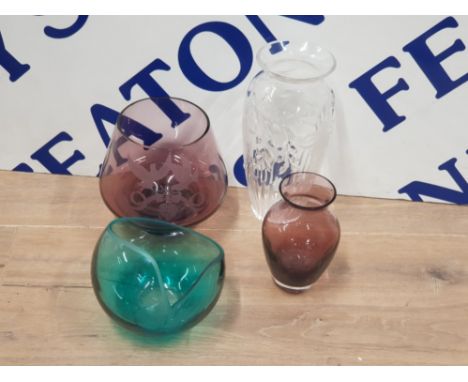 3 MISCELLANEOUS PIECES OF CAITHNESS ONE SIGNED LILY R TOGETHER WITH A ROYAL BRIERLEY CUT CRYSTAL VASE