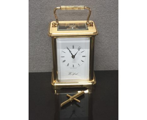 WOODFORD BRASS MECHANICAL CARRIAGE CLOCK WITH KEY AND BOX