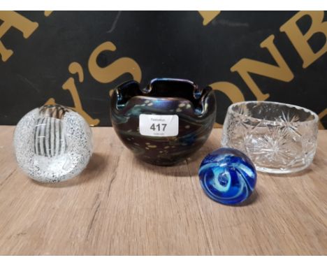 A MDINA IRIDESCENT ASHTRAY SIGNED A CAITHNESS PAPERWEIGHT AND TWO OTHER ITEMS