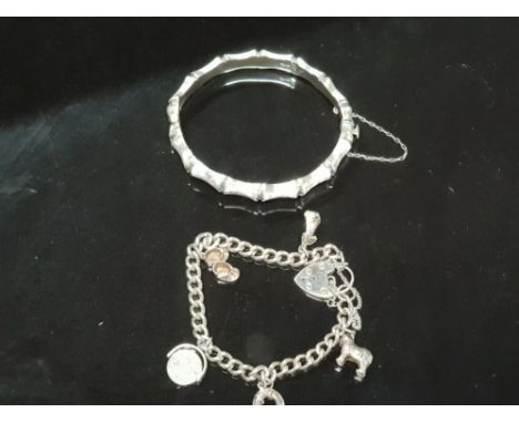 SILVER CHARM BRACELET WITH 5 CHARMS INCLUDING I LOVE YOU SPINNER TOGETHER SILVER BAMBOO STYLE HINGED BANGLE HALLMARKED SPS&am