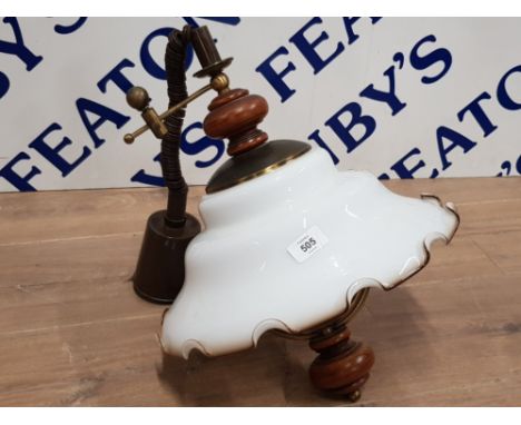 1980S HANGING CEILING LIGHT WITH GLASS SHADE AND TURNED BASE