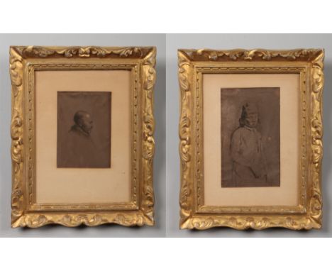A pair of 19th century gilt framed etchings after Rembrandt on coloured paper. Each a portrait, 17cm x 10cm and smaller.Condi