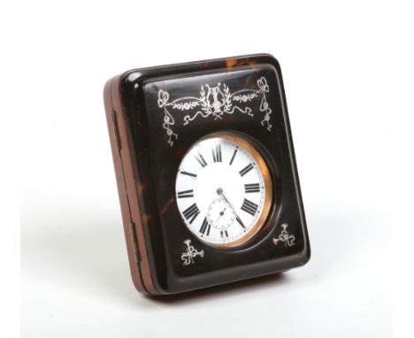 A tortoiseshell mounted and silver inlaid mahogany goliath watch case on strut stand. Containing a silver plated goliath pock