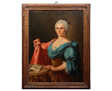A large 18th century gilt framed oil on canvas, Italian school, portrait of a noblewoman. Stood by a giltwood table with a le
