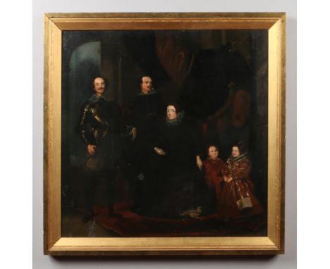 A 19th century gilt framed oil on canvas, interior scene with Elizabethan figures, 62cm square.Condition report intended as a