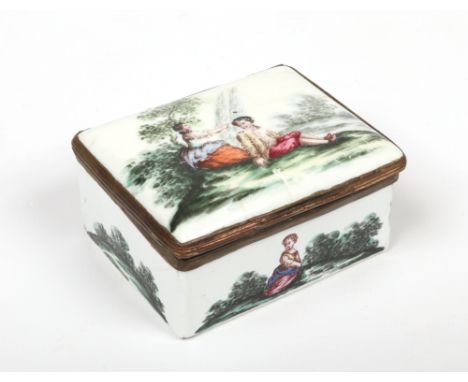 An 18th century enamel snuff box of rectangular form with hinged cover painted with a Watteauesque scene and to the interior 