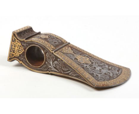 An antique Persian / Indian axe head. Damascened with birds amid foliage, with gold emnbelishments and inscribed, 14cm.Condit