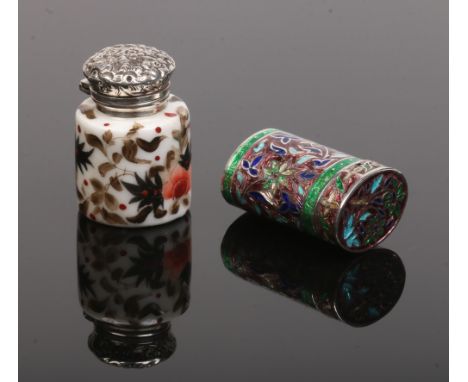 A porcelain scent bottle with hinged white metal top and a silver pin case with enamelled decoration, stamped 925. Scent bott