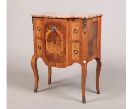 A late 19th / early 20th century French kingwood and marble top marquetry commode. With gilt metal mounts and raised on squar