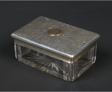 A Victorian cut glass and silver topped dressing table box by Charles Rawlings &amp; William Summers. Pierced and engraved wi