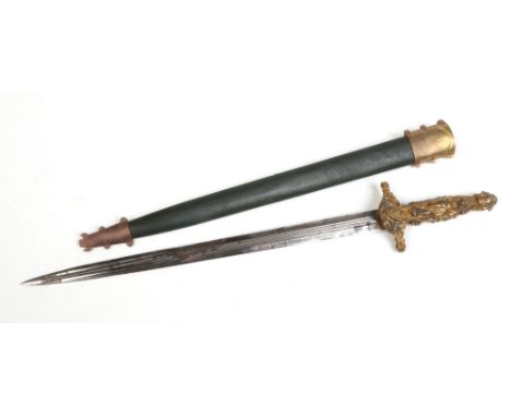 A 19th century French presentation short sword in associated leather and brass mounted scabbard. With cast brass hilt ornamen