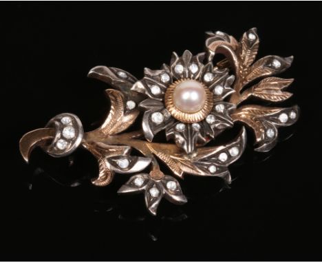 A 19th century Continental yellow metal flower spray brooch. Centrally set with a pearl (12 grains, 7mm) and with thirty rose