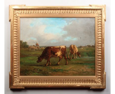 A 19th century gilt framed Impressionist oil on canvas. Landscape with cows and a figure. Signed indistinct, 58cm x 75cm.Cond