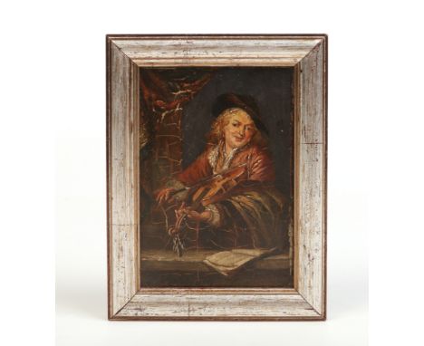 A 19th century Continental miniature oil on board in later silvered frame. Portrait of a fiddle player. Signed F. Verheyden, 