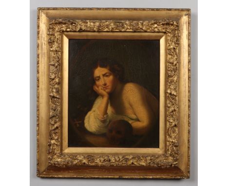 A 19th century Continental school gilt framed oil on mahogany panel. Memento mori portrait of a pensive young maiden with a s