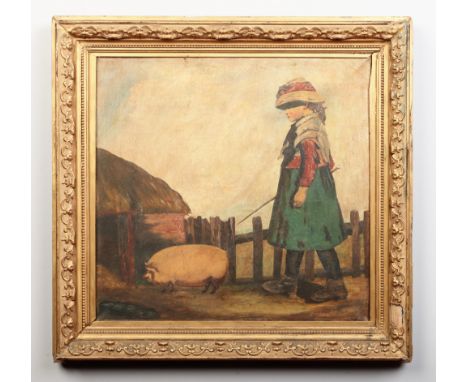 Carl Gibbs (British early 20th century) gilt framed oil on canvas. Portrait of a young farm girl and pig. Signed, 40cm x 41cm