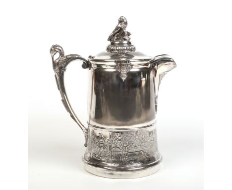 A Reed &amp; Barton silver plated presentation ice pitcher with pottery liner. The finial cast in the form of a sea lion, the
