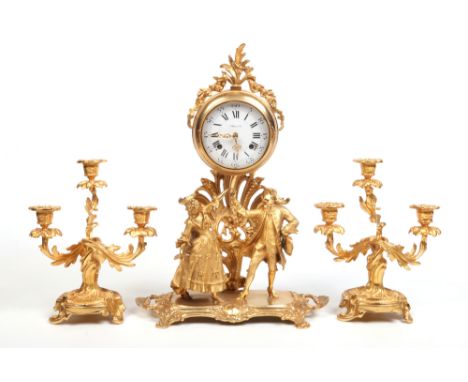 A 20th century Italian gilt metal clock garniture striking half hourly on a bell. Surmounted by a pair of dancing figures in 