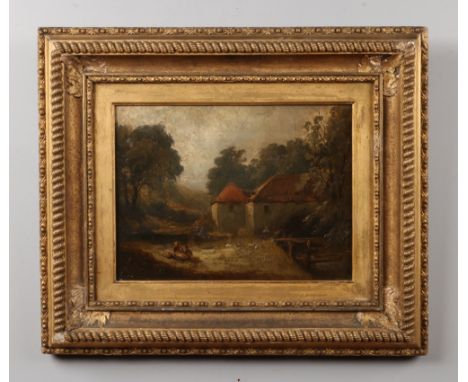 A 19th century gilt framed oil on canvas. Cottage landscape with figures, 25cm x 34cm.Condition report intended as a guide on