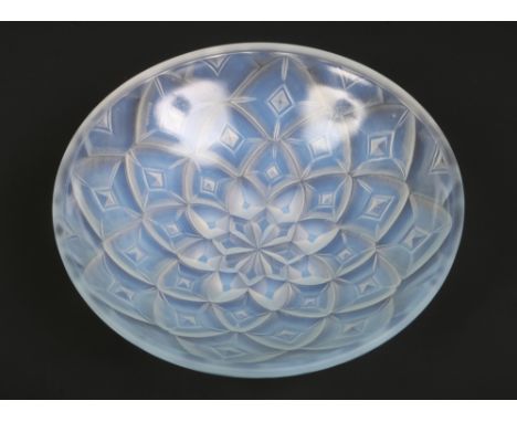 A French Andre Hunebelle Art Deco opaline glass bowl. Reverse moulded with the Dahlia Geometric design, c.1938-509, 24cm diam