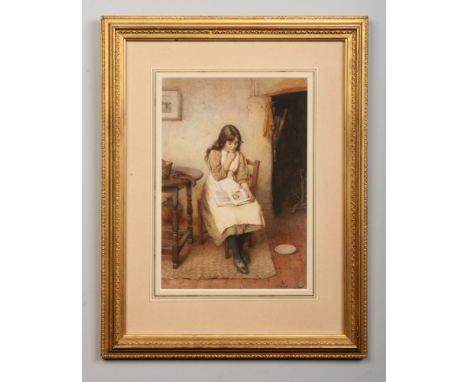 Charles Edward Wilson (1854-1941) gilt framed watercolour. The Picture Book. Depicting a young girl seated in a kitchen inter