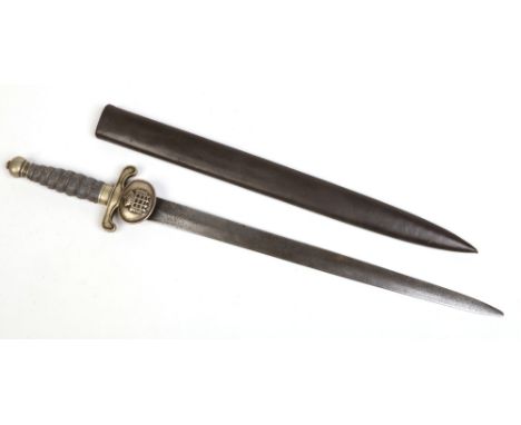 An early 20th Century British Houses of Parliament ceremonial short broad sword in associated scabbard. The hilt having shagr