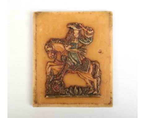 A Continental wax relief portrait plaque coloured in enamels. Portrait of a mounted gentleman in 17th century attire. Monogra