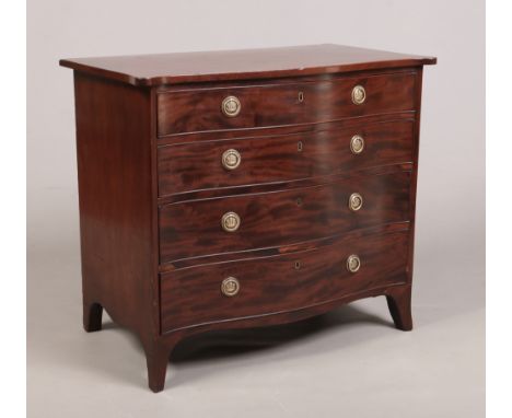 A 19th century mahogany serpentine chest of four graduated drawers. With cock beading, brass loop handles with Prince of Wale