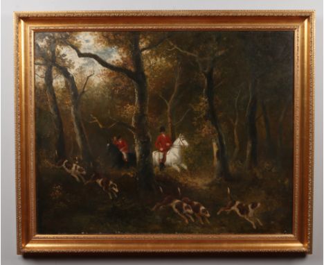 Aster R. Chantrey Corbould (British 1812-1882) gilt framed oil on canvas. Pair of mounted huntsmen with a pack of beagles tra