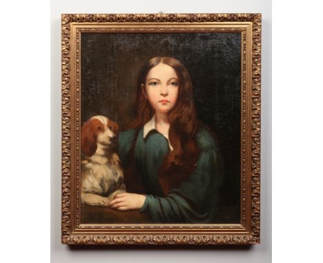 An early 20th century gilt framed oil on canvas. Portrait of a young girl with a seated spaniel, 67cm x 56cm.Condition report