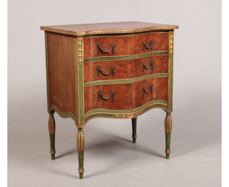 An early 20th century yew and rosewood serpentine three drawer commode chest by Waring &amp; Gillow Ltd. Crossbanded, painted